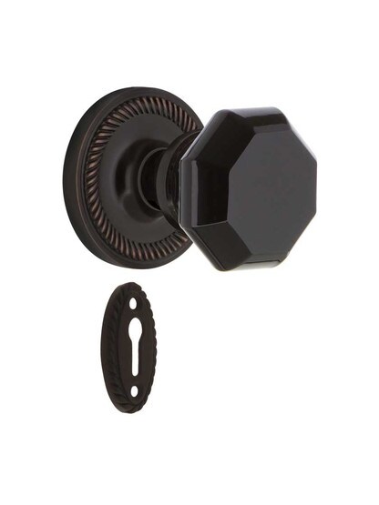 Rope Rosette Mortise Lock Set with Colored Waldorf Crystal Glass Knobs Black in Timeless Bronze.